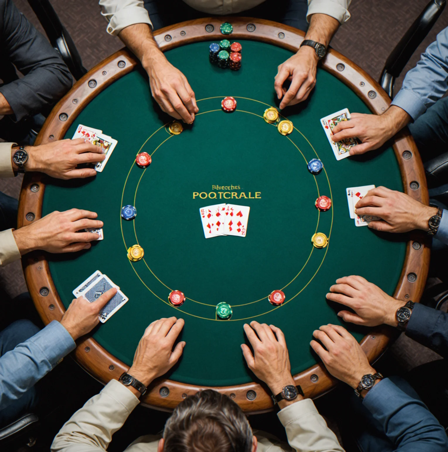 Top-down view of 36-inch and 42-inch round poker tables with player positions marked