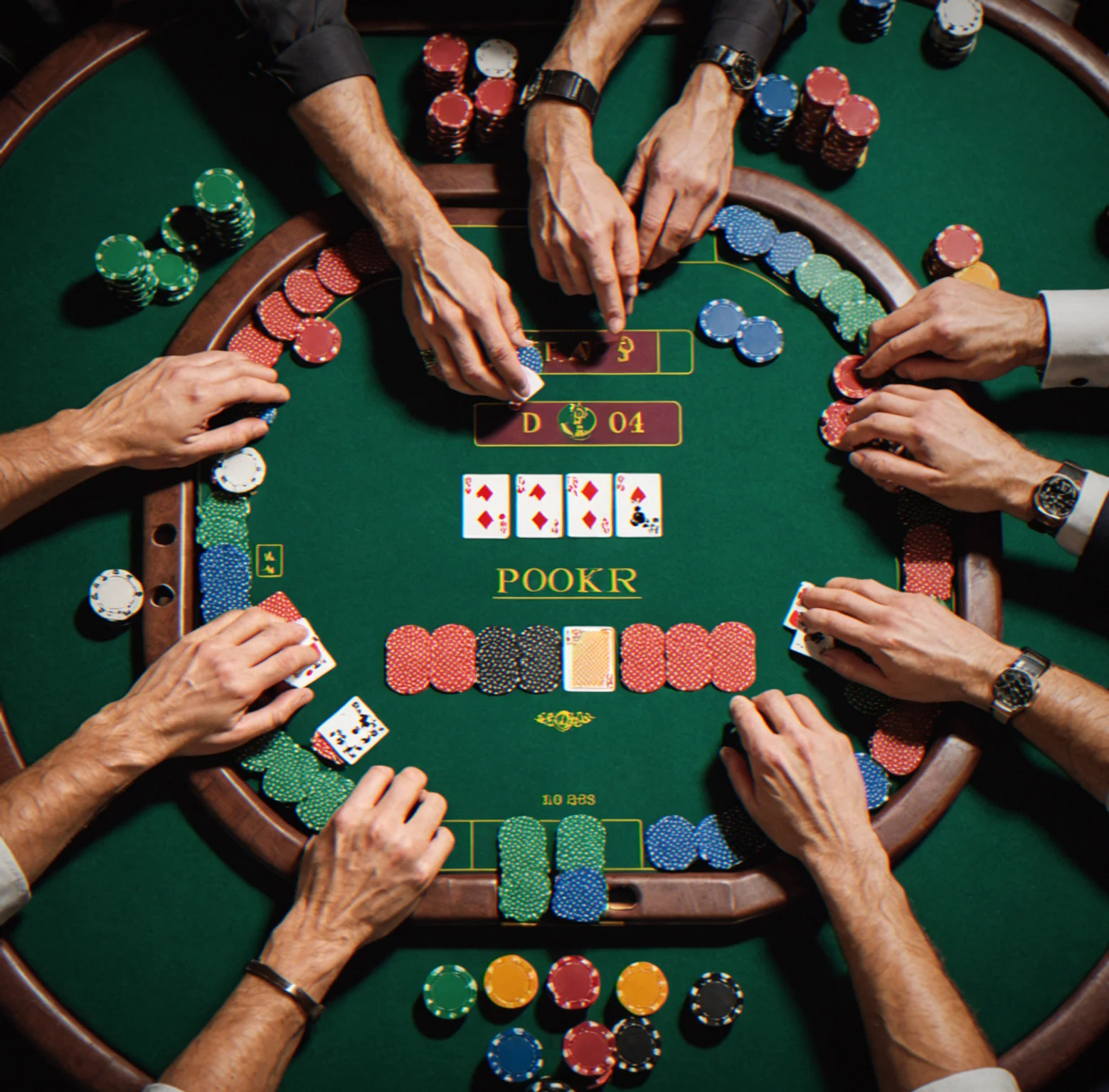 Organized chip denominations arranged by color in a dealer chip tray
