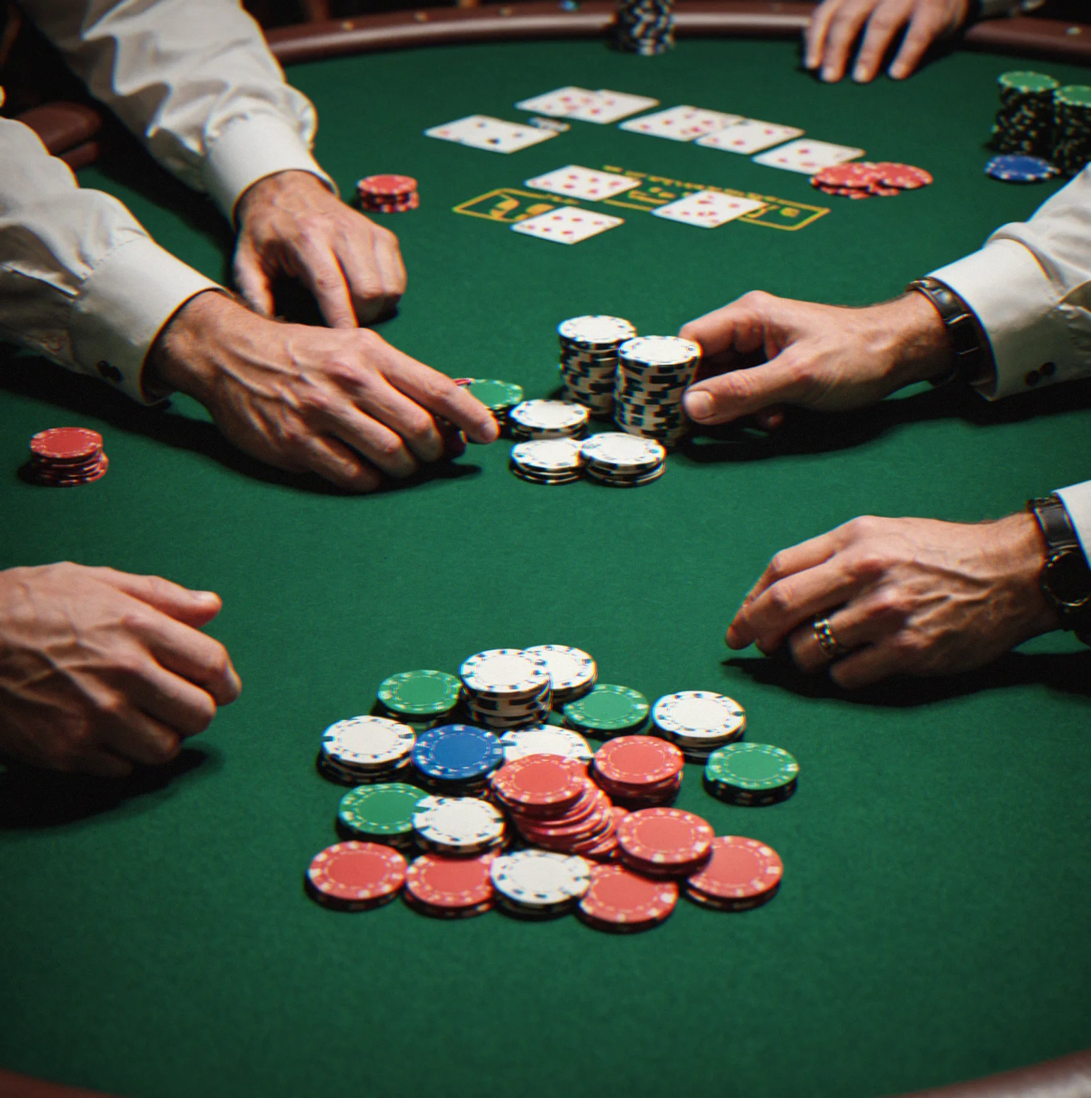 Clay composite chips stacked by value—white ones worth a dollar, greens at $25, crisp markings on each