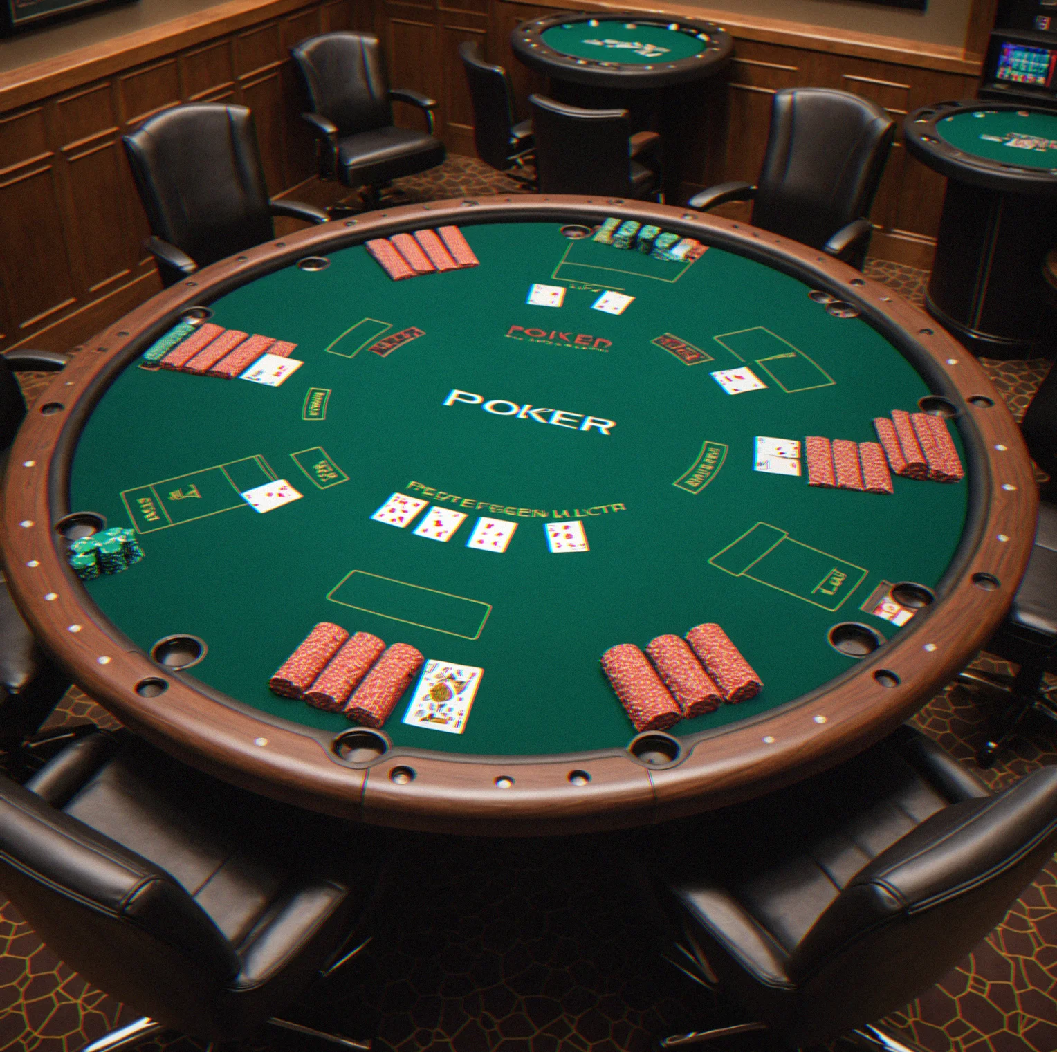 A 36-inch round table with that professional green felt you recognize immediately, chip tray built into the dealer spot, cup holders set into the rail